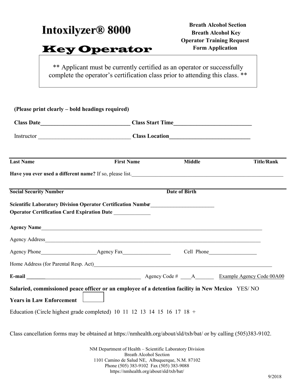 Breath Alcohol Key Operator Training Request Form - New Mexico, Page 1