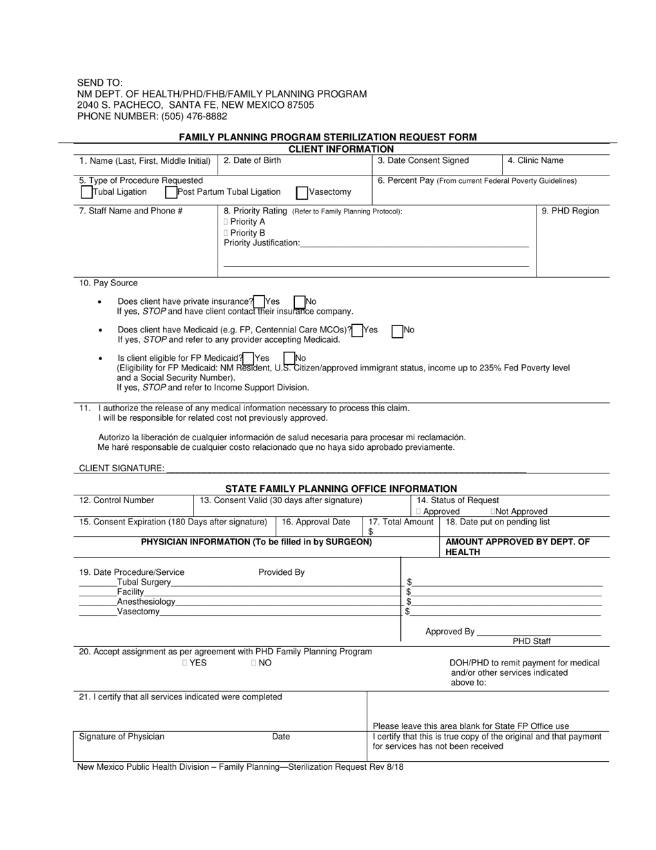 Family Planning Program Sterilization Request Form - New Mexico, Page 1