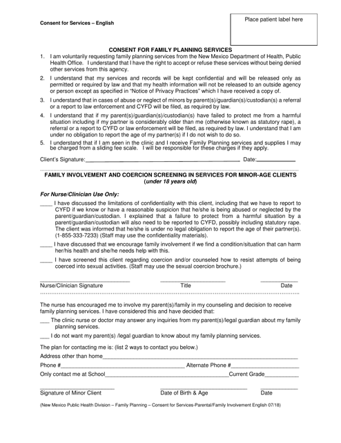 Family Planning Services Consent Form - New Mexico Download Pdf