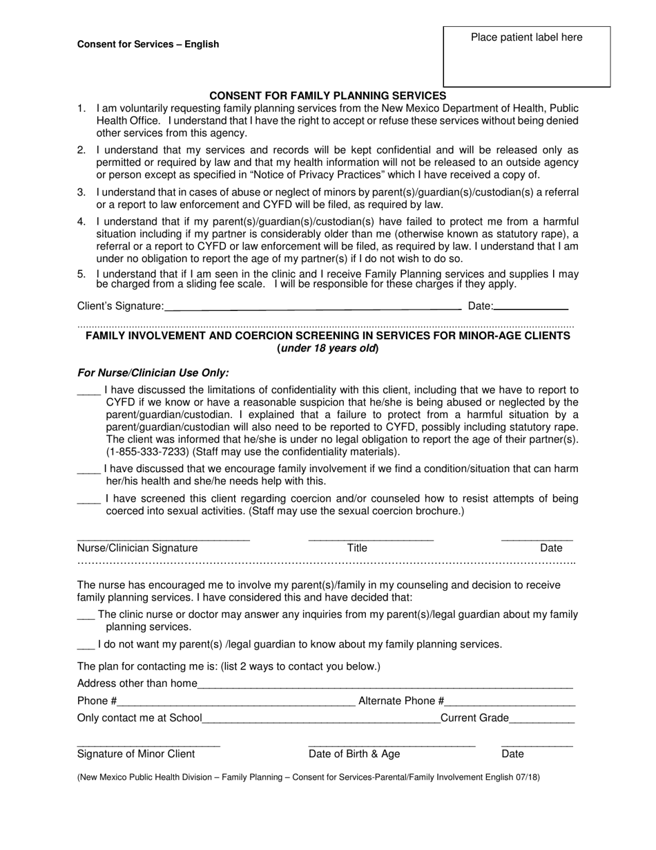 Family Planning Services Consent Form - New Mexico, Page 1