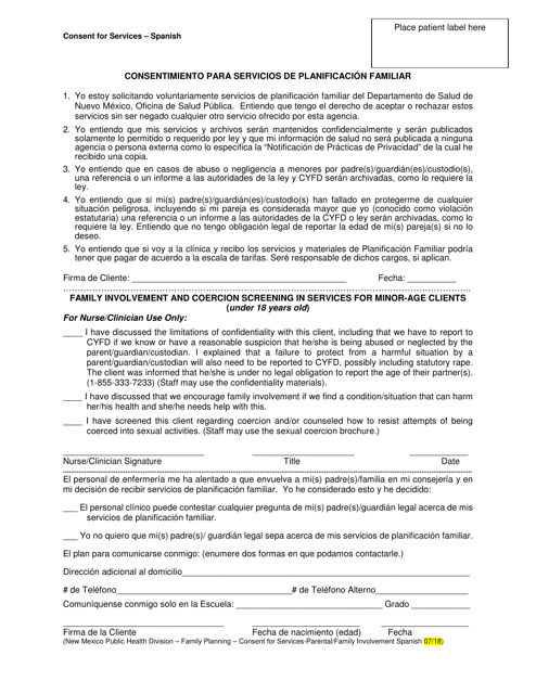 Consentimento Para Servicios De Planificacion Familiar - New Mexico (Spanish)
