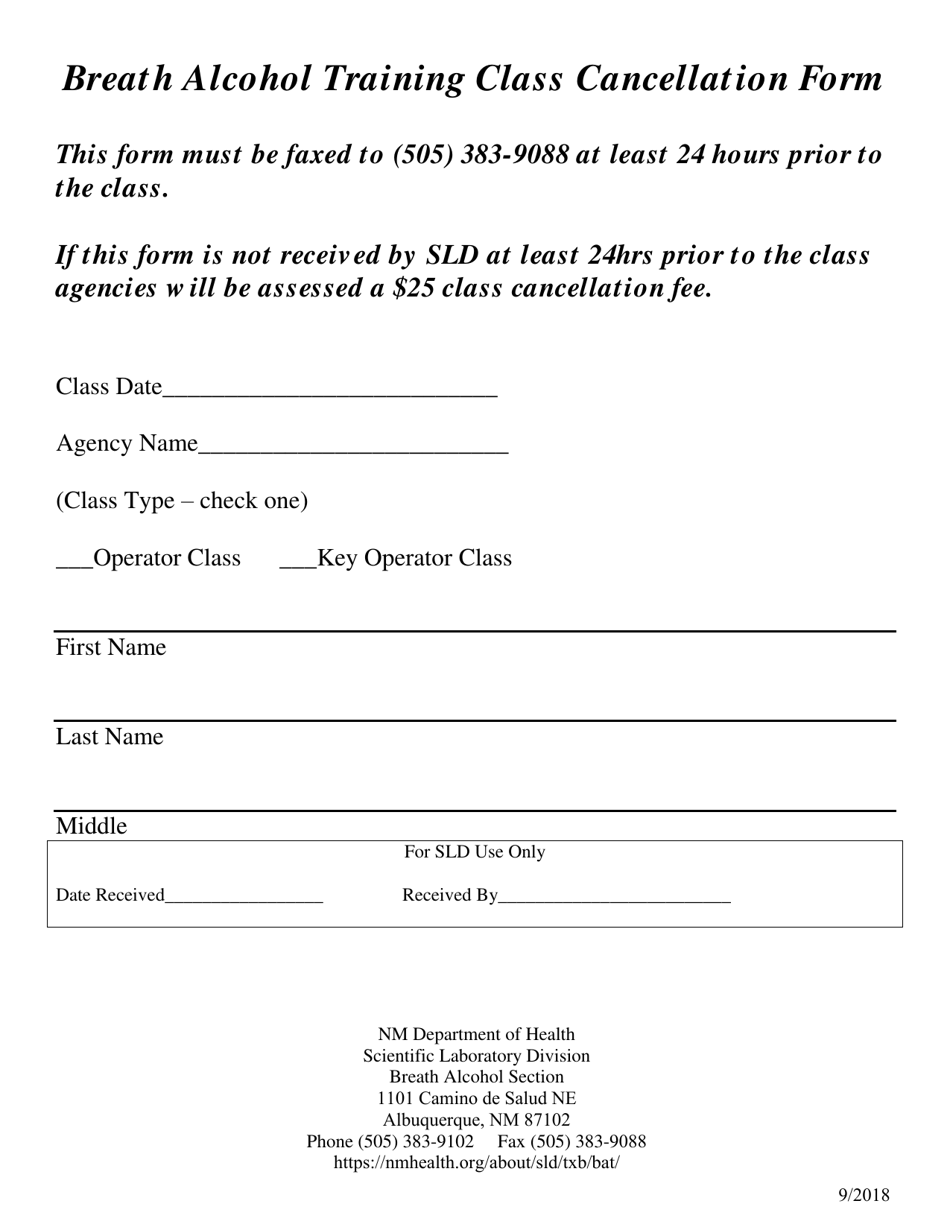 New Mexico Breath Alcohol Training Cancellation Notification Form