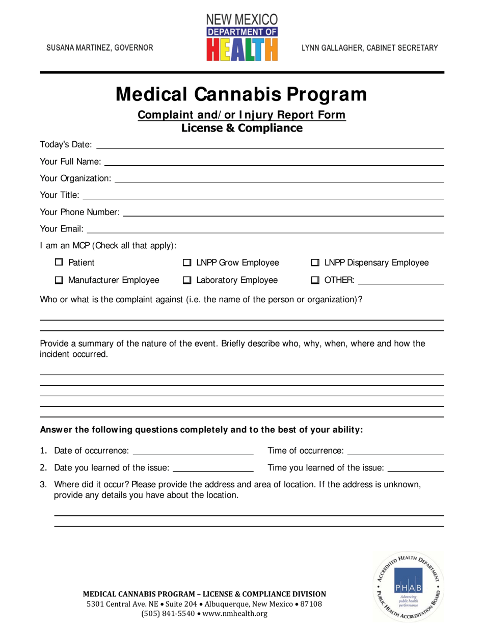 Medical Cannabis Program Complaint and / or Injury Report Form - New Mexico, Page 1
