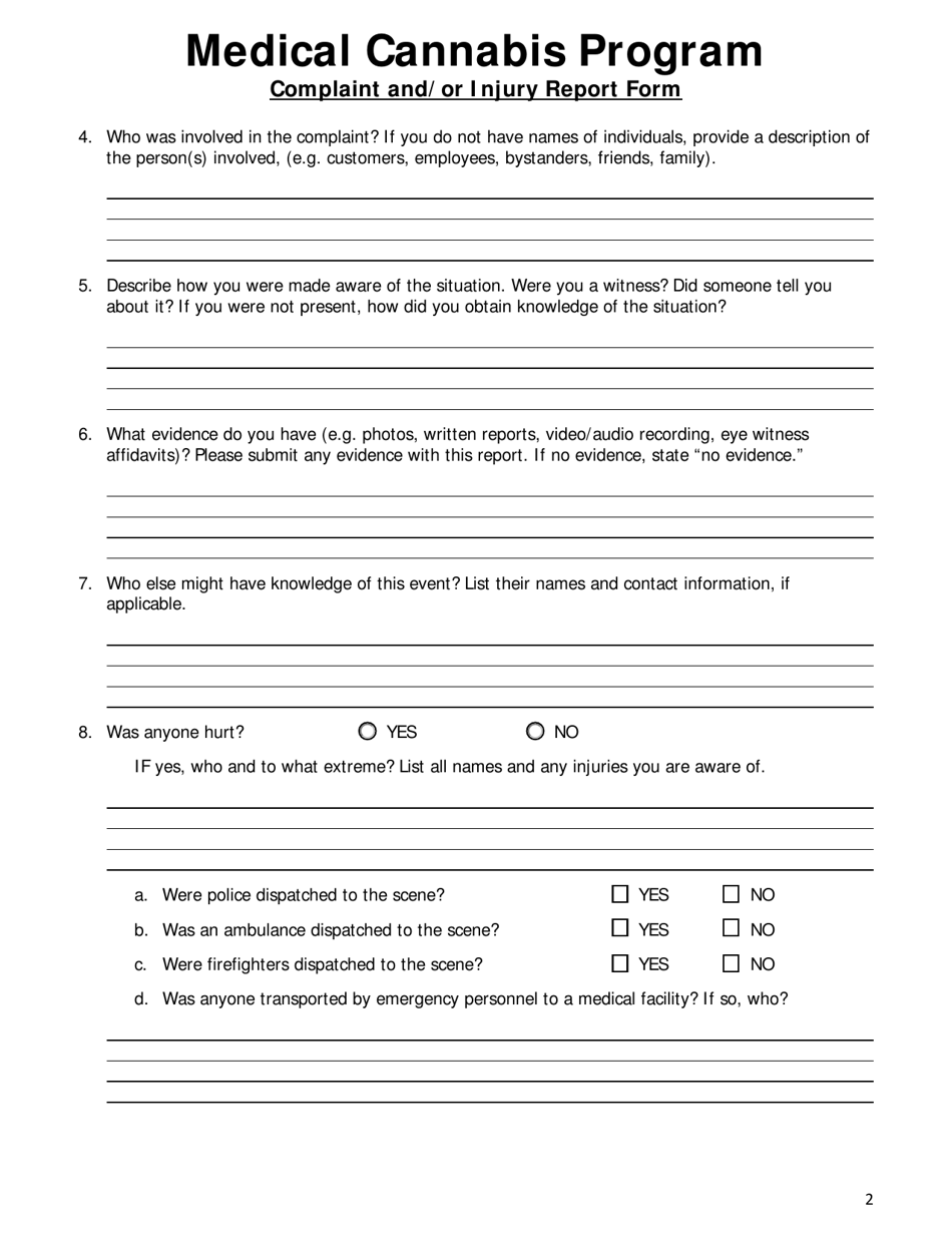 Medical Cannabis Program Complaint and / or Injury Report Form - New Mexico, Page 2