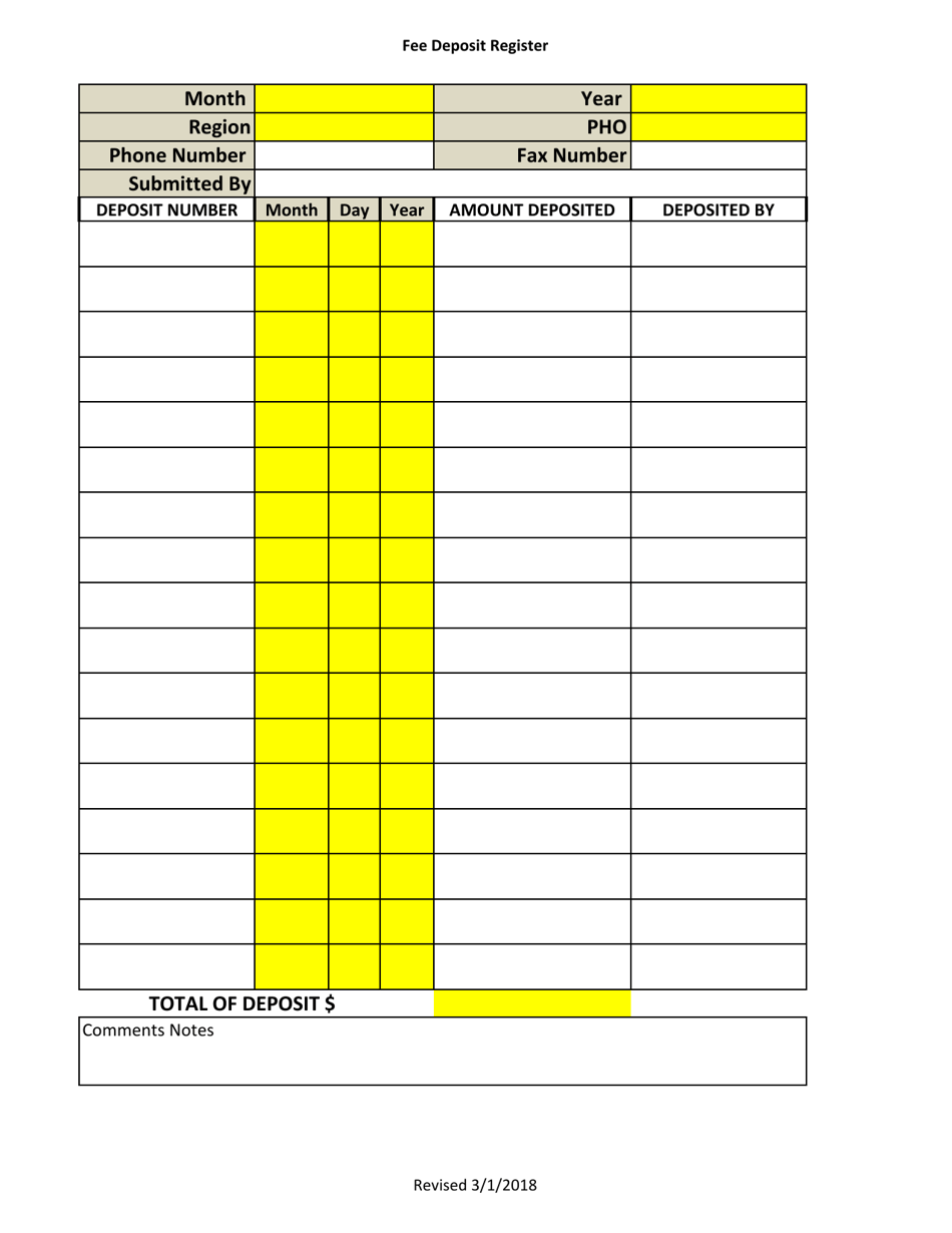 Family Planning Monthly Report - Fee Deposit Register - New Mexico, Page 2