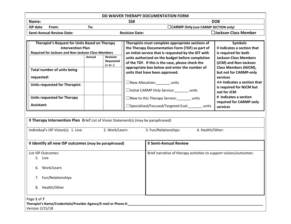 DD Waiver Therapy Documentation Form - New Mexico, Page 1