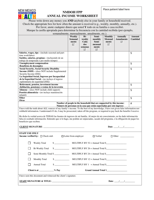 Family Planning Annual Income Worksheet - New Mexico