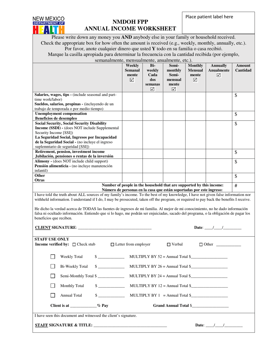 Family Planning Annual Income Worksheet - New Mexico, Page 1