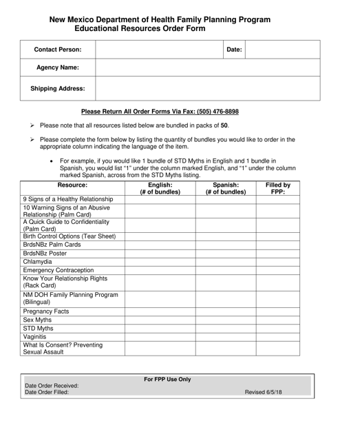 Family Planning Program Educational Resources Order Form - New Mexico