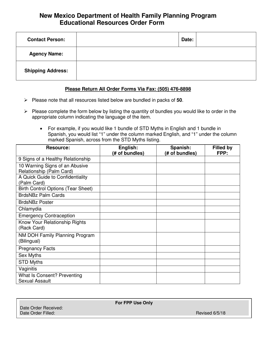 Family Planning Program Educational Resources Order Form - New Mexico, Page 1