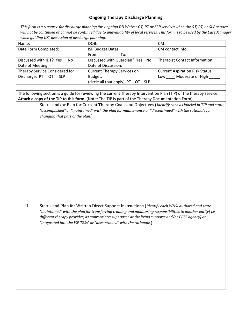 Therapy Services: Ongoing Discharge Planning Form - New Mexico, Page 1