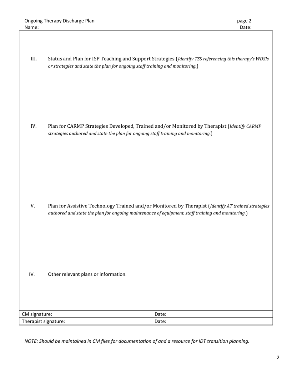 Therapy Services: Ongoing Discharge Planning Form - New Mexico, Page 2