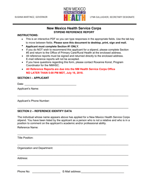 New Mexico Health Service Corps Stipend Applicant Reference Report - New Mexico Download Pdf