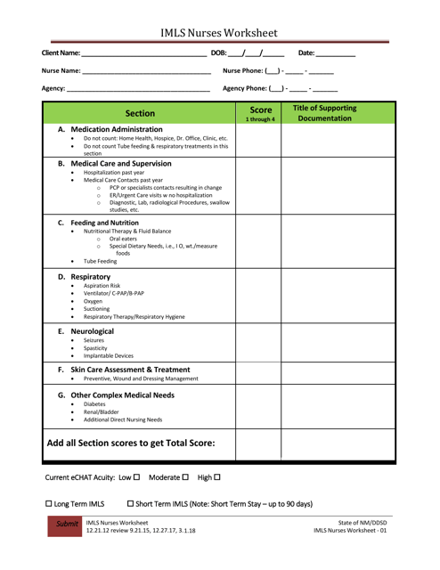 Intensive Medical Living Supports: Nurses Worksheet - New Mexico