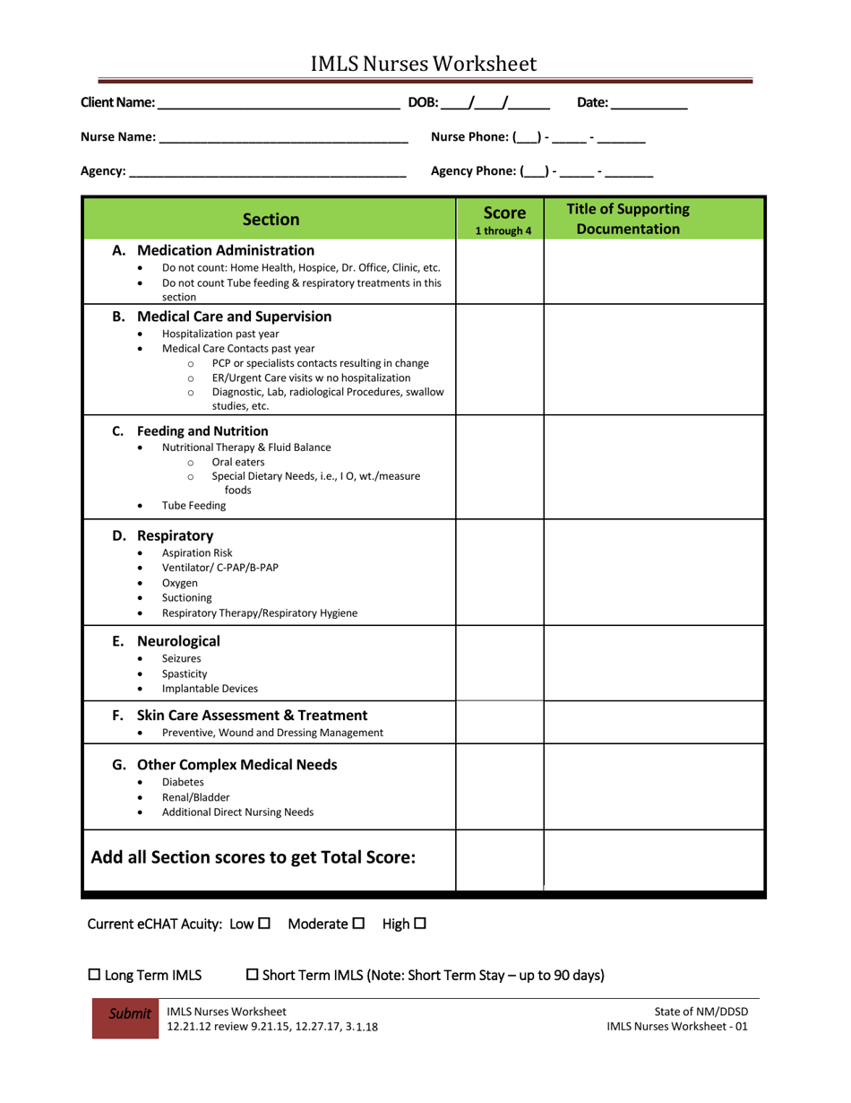 Intensive Medical Living Supports: Nurses Worksheet - New Mexico, Page 1