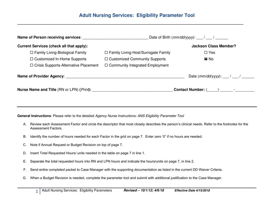 Adult Nursing Services: Eligibility Parameter Tool - New Mexico, Page 1