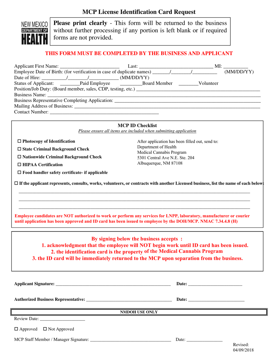 Medical Cannabis License Id Card Request - New Mexico, Page 1