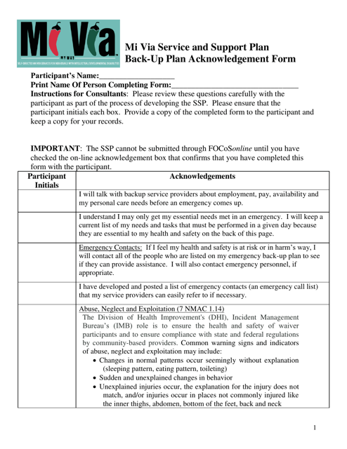 Mi via Self-directed Waiver: Service and Support Back-Up Plan Acknowledgement Form - New Mexico Download Pdf
