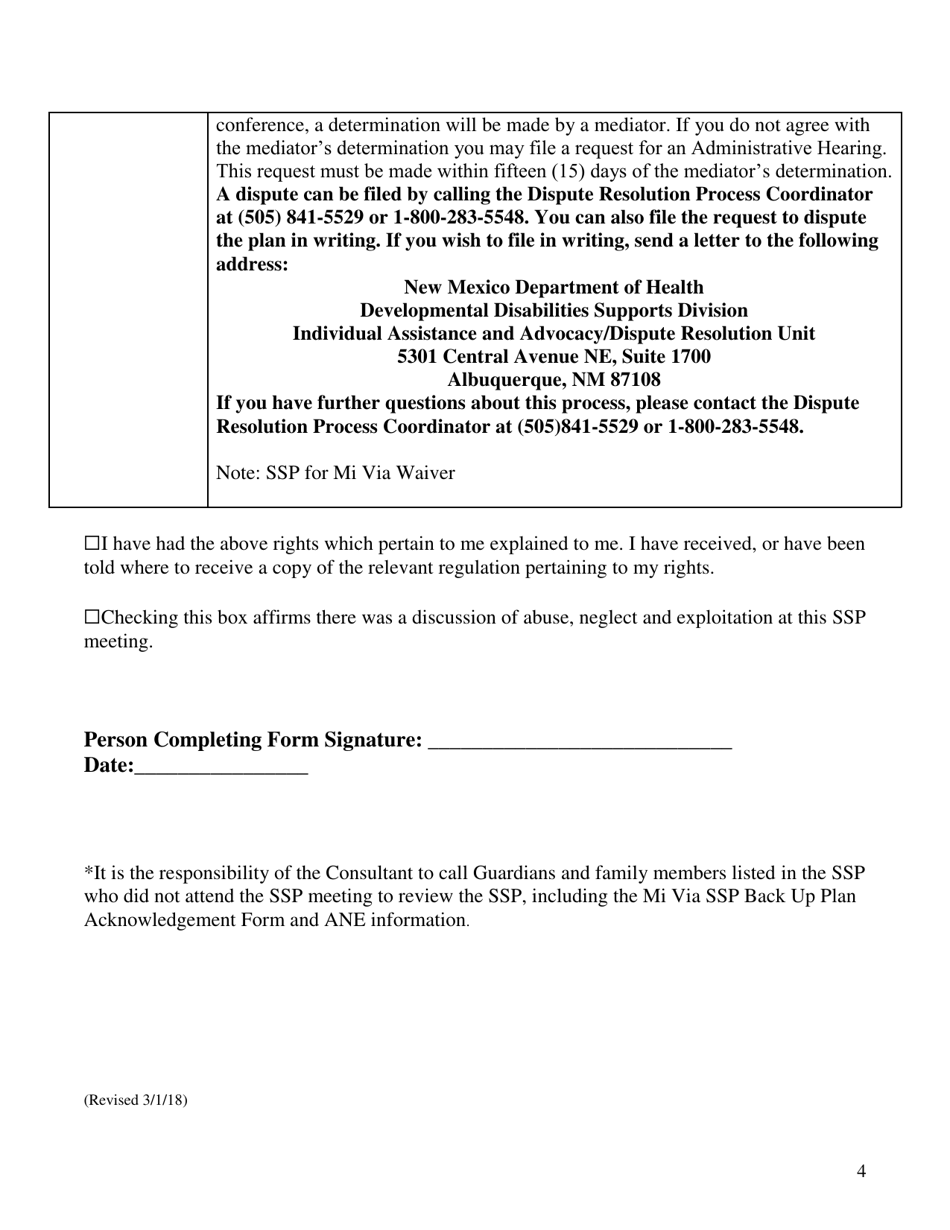 Mi via Self-directed Waiver: Service and Support Back-Up Plan Acknowledgement Form - New Mexico, Page 4