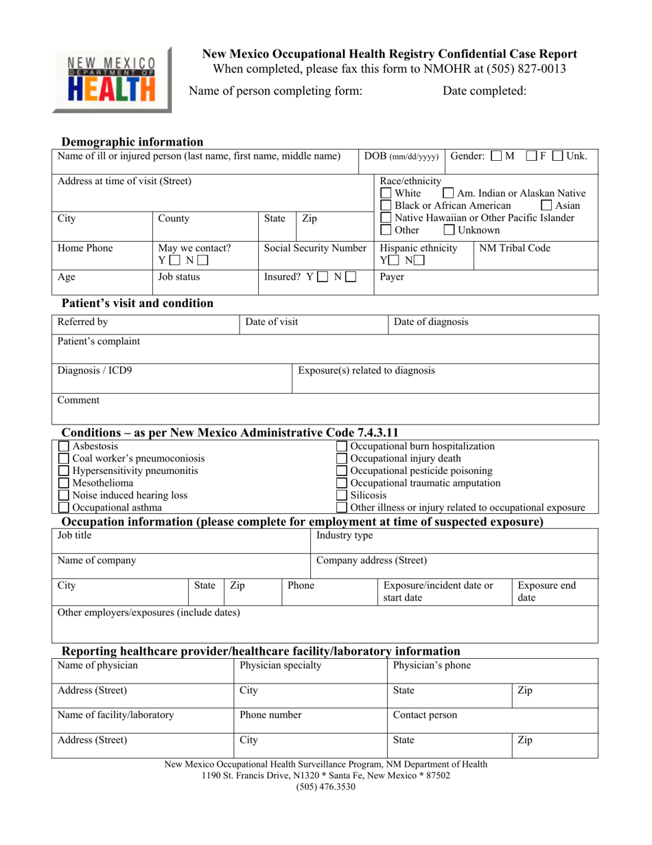 New Mexico Occupational Health Registry Confidential Case Report - New Mexico, Page 1