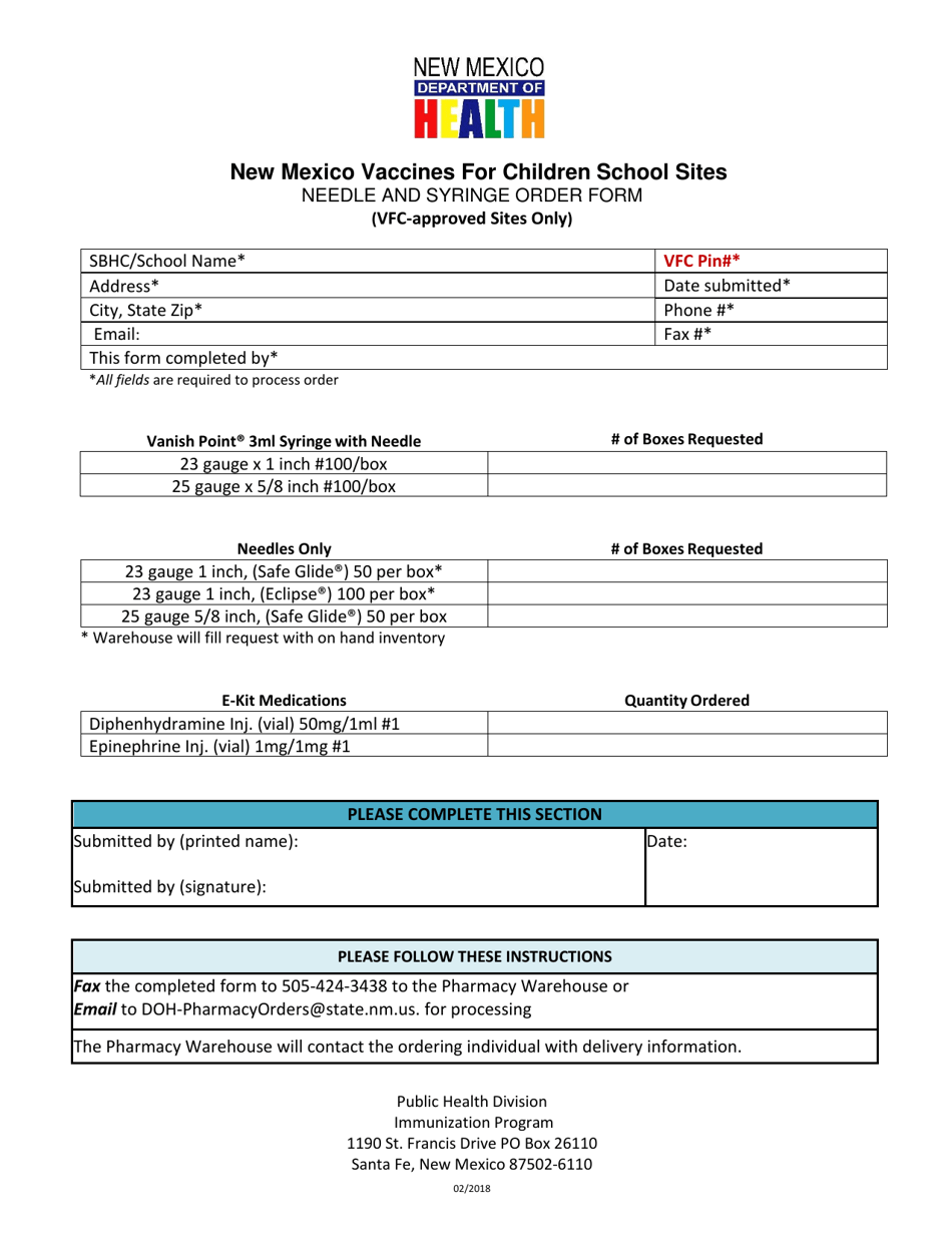 Vfc Approved School Sites - Needle, Syringe,  E-Kit Order Form - New Mexico, Page 1
