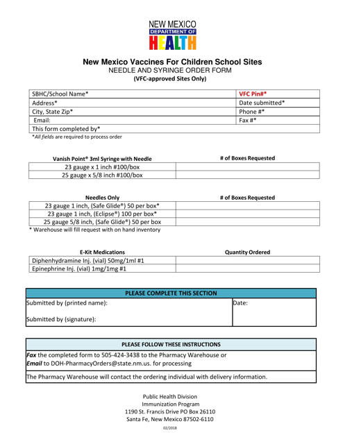 Vfc Approved School Sites - Needle, Syringe, & E-Kit Order Form - New Mexico Download Pdf