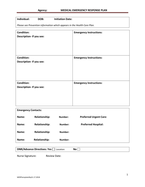 Medical Emergency Response Plan Form (Side-By-Side Format) - New Mexico