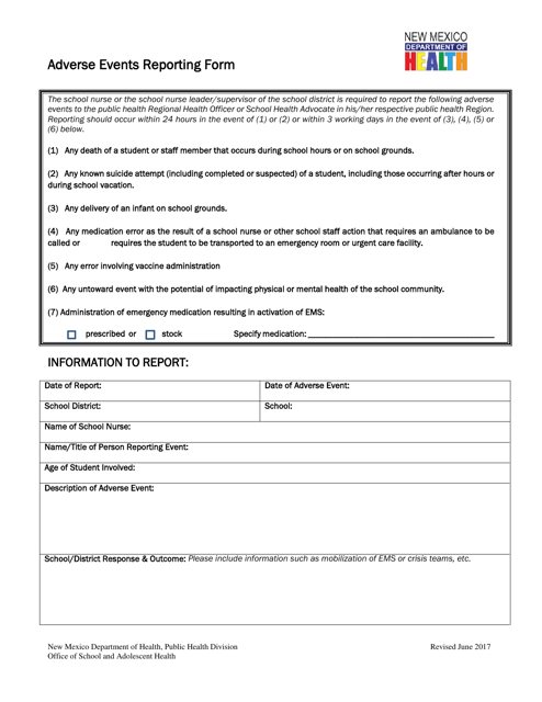 Adverse Events Reporting Form - New Mexico Download Pdf