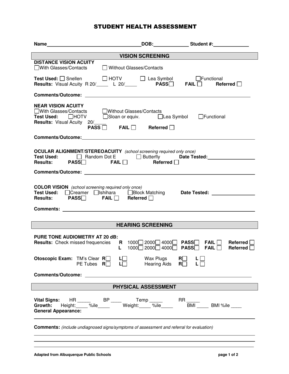 Student Health Assessment - New Mexico, Page 1