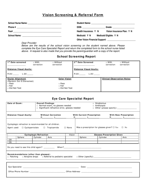 Vision Screening & Referral Form - New Mexico Download Pdf
