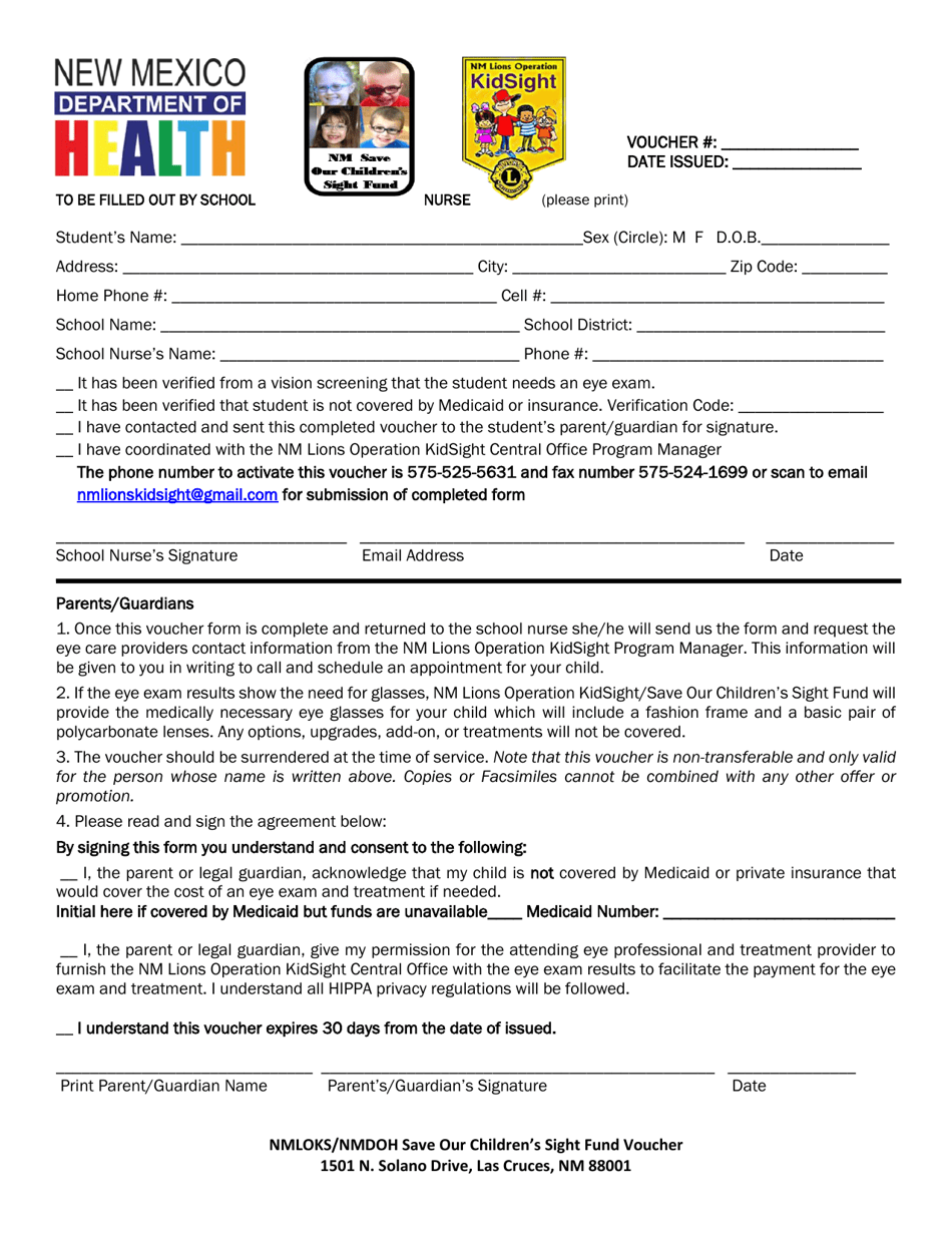 New Mexico Save Our Children's Sight Fund Voucher Fill Out, Sign