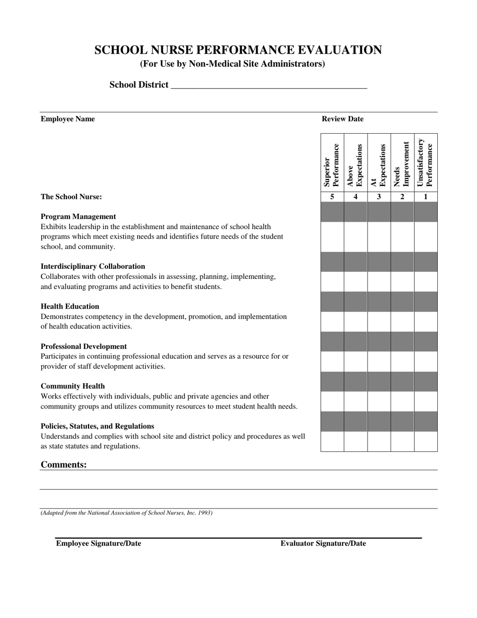 New Mexico School Nurse Performance Evaluation Tool For Non-medical 