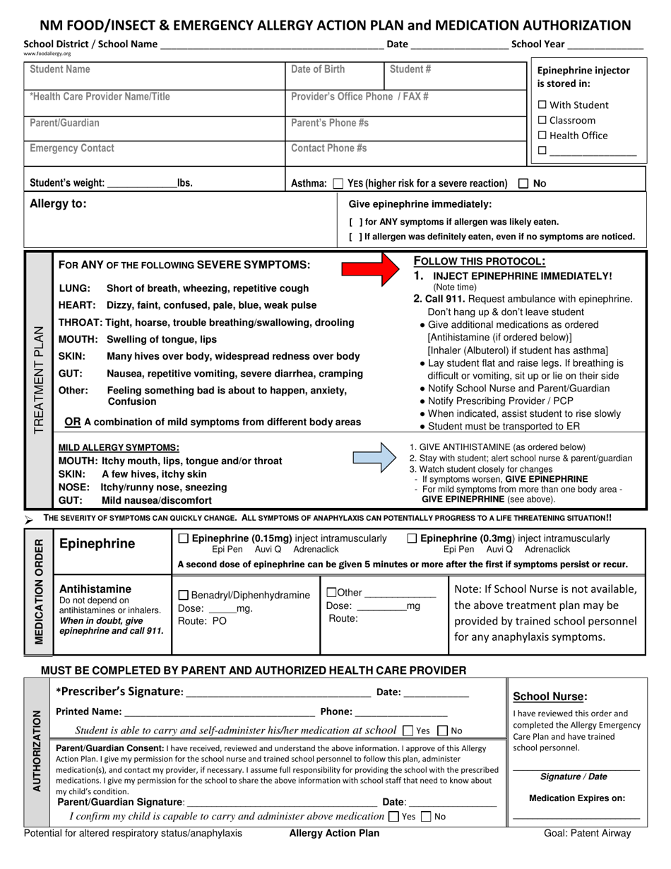 Nm Food / Insect and Emergency Allergy Action Plan and Medication Authorization - New Mexico, Page 1