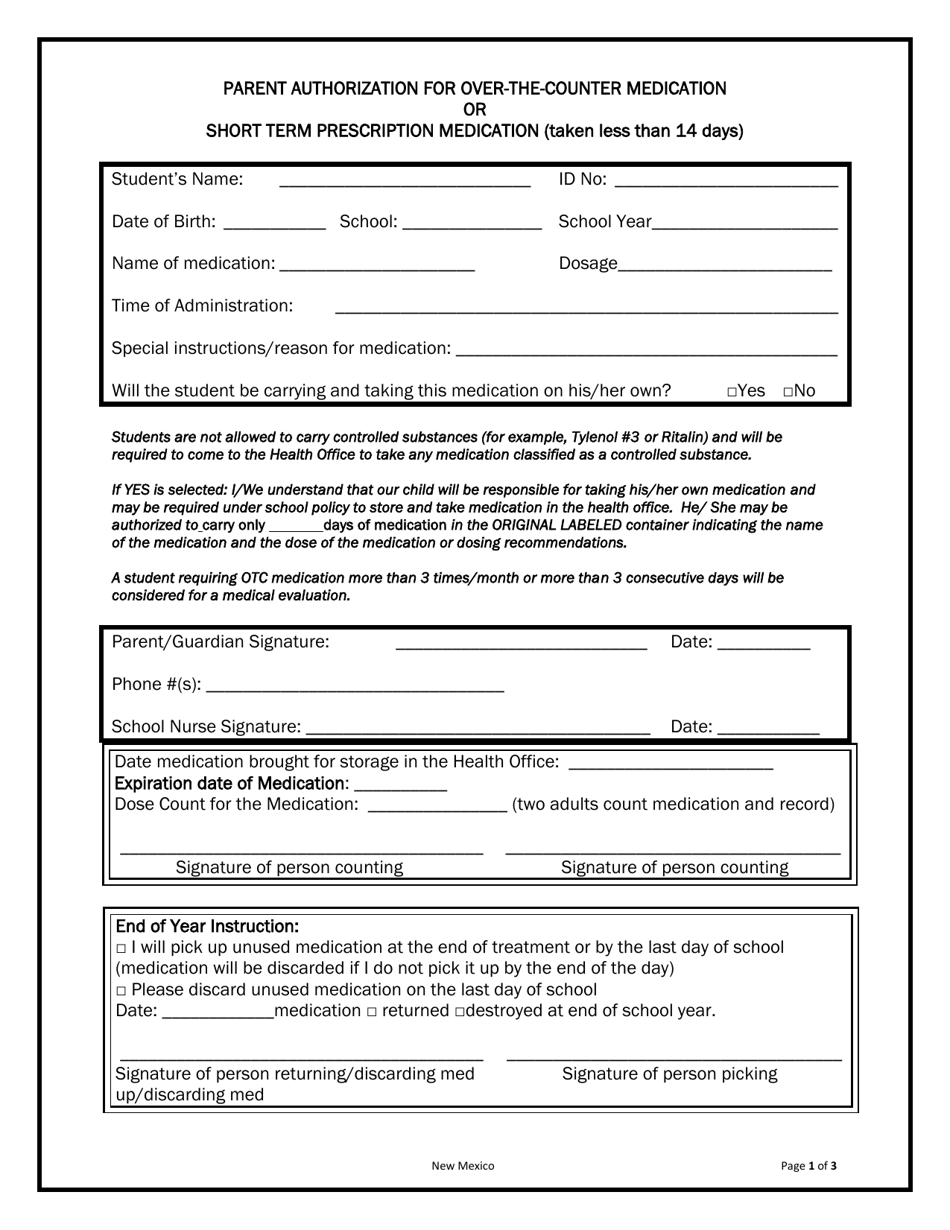 Parent Authorization for Over-the-Counter Medication or Short Term Prescription Medication (Taken Less Than 14 Days) - New Mexico, Page 1
