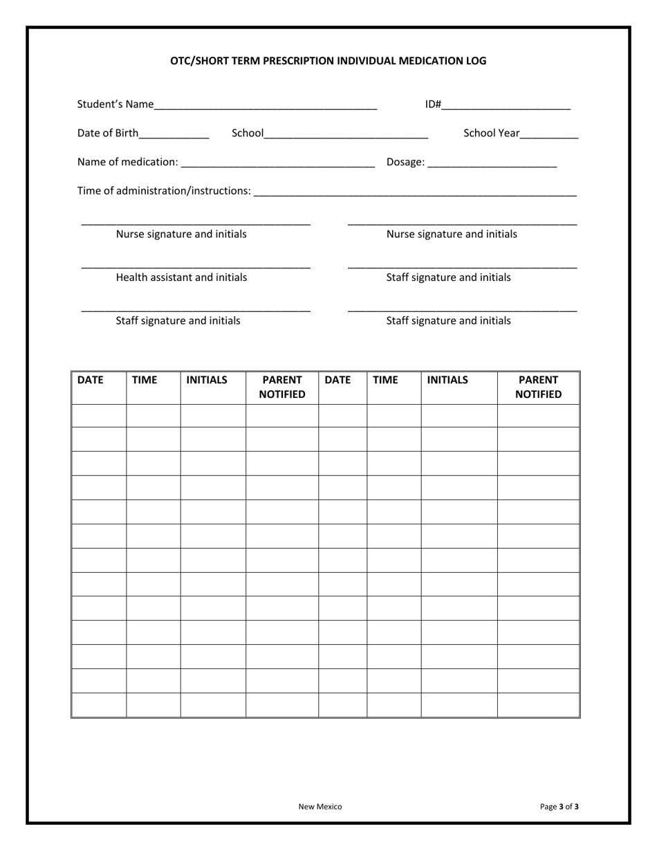 Parent Authorization for Over-the-Counter Medication or Short Term Prescription Medication (Taken Less Than 14 Days) - New Mexico, Page 3