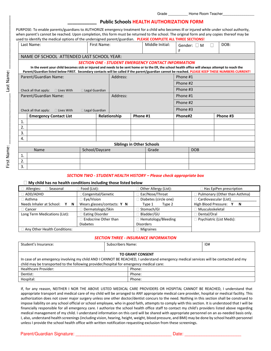 Public School Emergency Health Authorization Form - New Mexico, Page 1