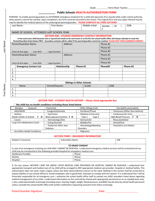 Public School Emergency Health Authorization Form - New Mexico