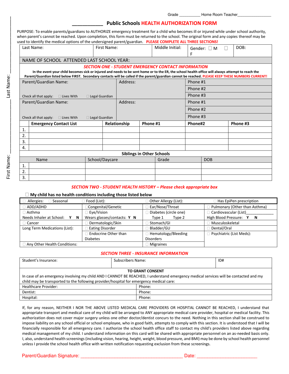 New Mexico Public School Emergency Health Authorization Form - Fill Out 