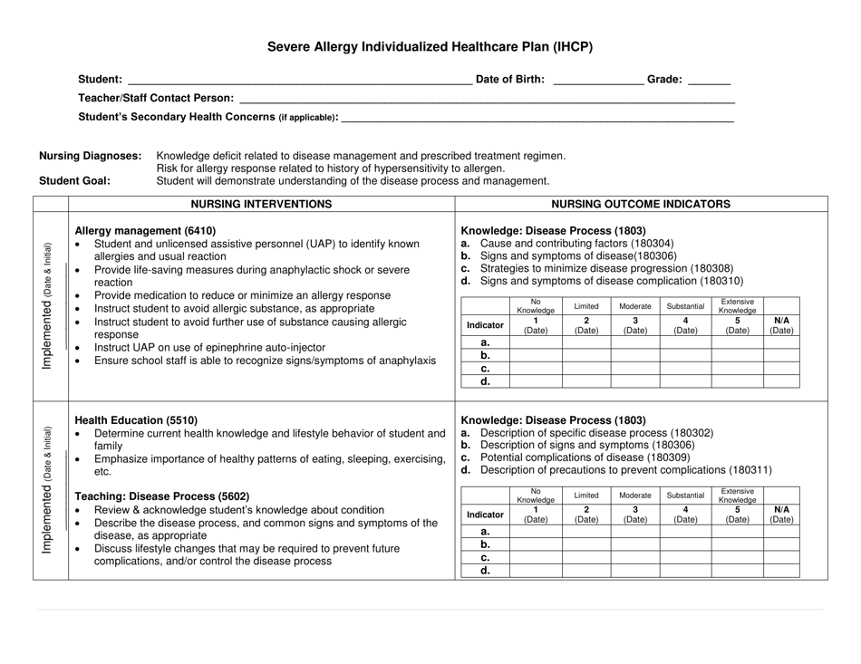 Severe Allergy Individualized Healthcare Plan (Ihcp) - New Mexico, Page 1
