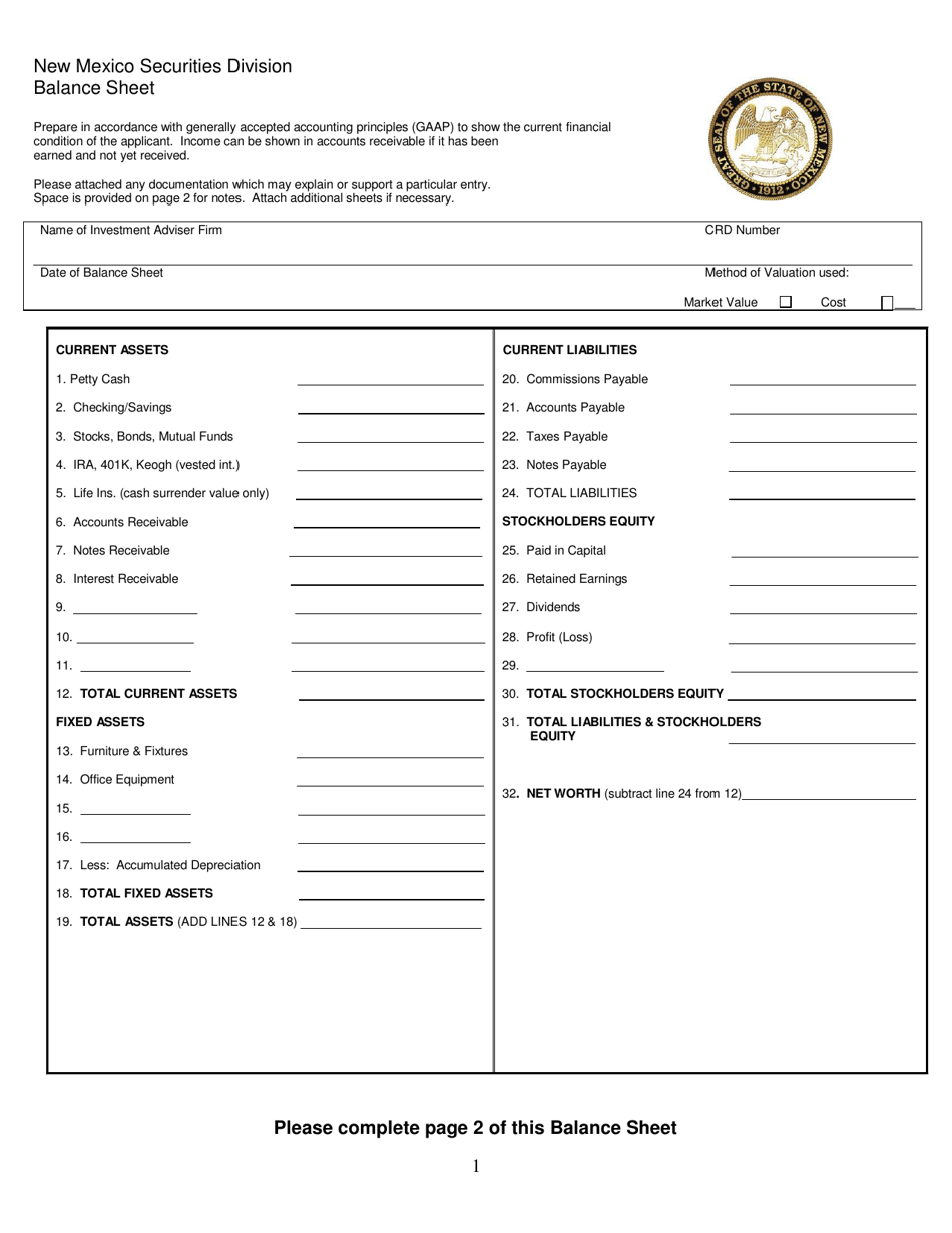 Balance Sheet - New Mexico, Page 1