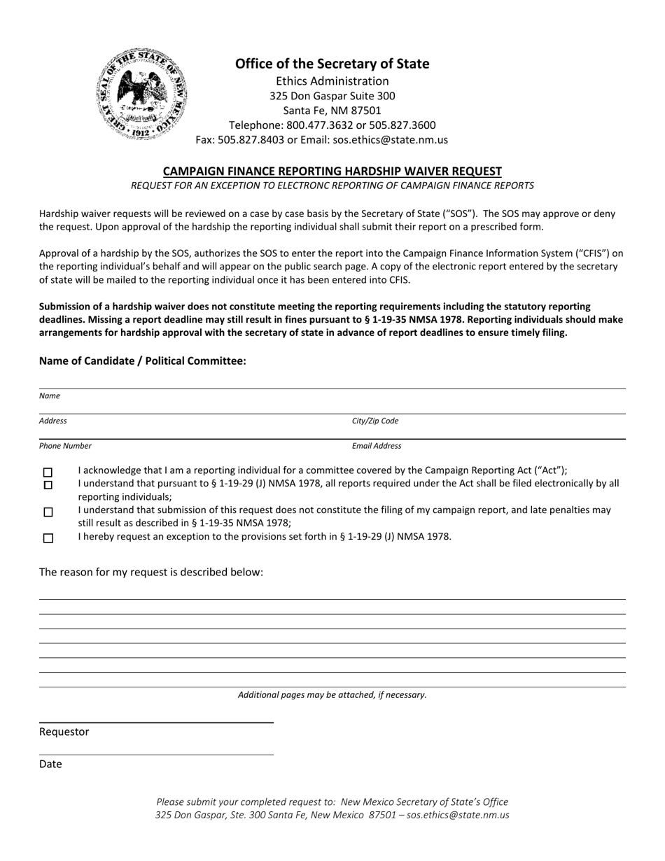 Campaign Finance Reporting Hardship Waiver Request - New Mexico, Page 1