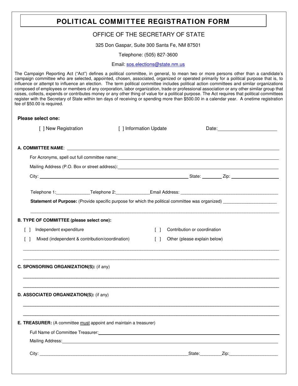 Political Committee Registration Form - New Mexico, Page 1