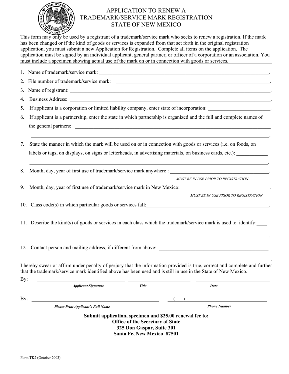 Form TK2 Application to Renew a Trademark / Service Mark Registration - New Mexico, Page 1