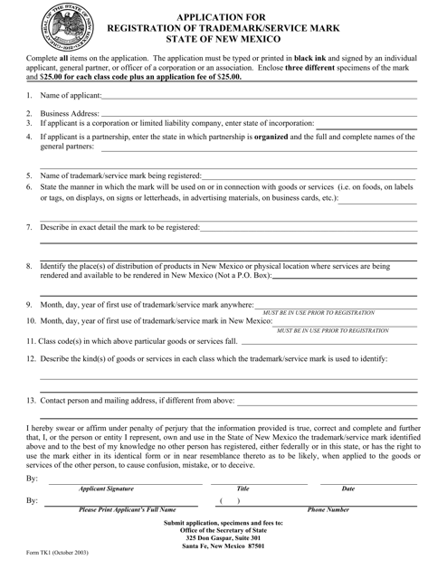 Form TK1 Application for Registration of Trademark/Service Mark - New Mexico