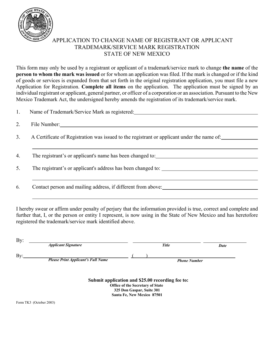 Form TK3 Application to Change Name of Registrant or Applicant Trademark / Service Mark Registration - New Mexico, Page 1