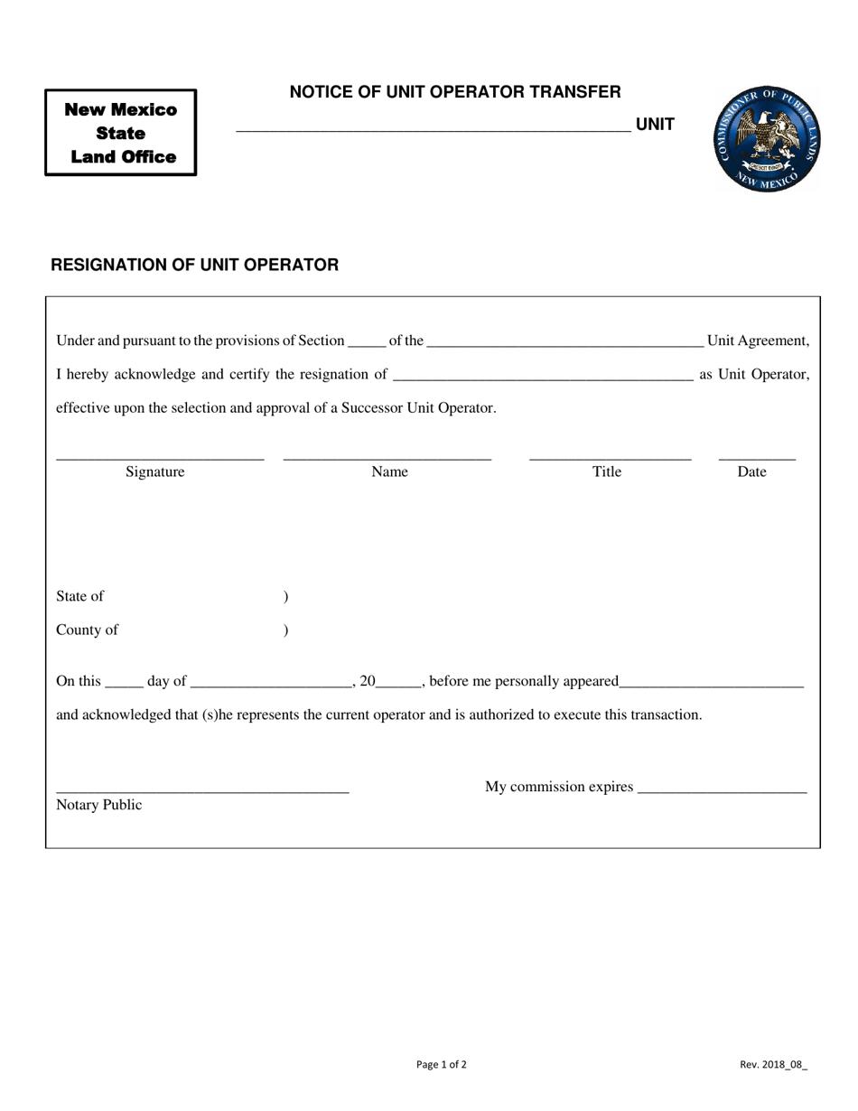 Notice of Unit Operator Transfer - New Mexico, Page 1
