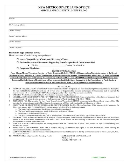 Form 0-30-B Miscellaneous Instrument Filing - New Mexico