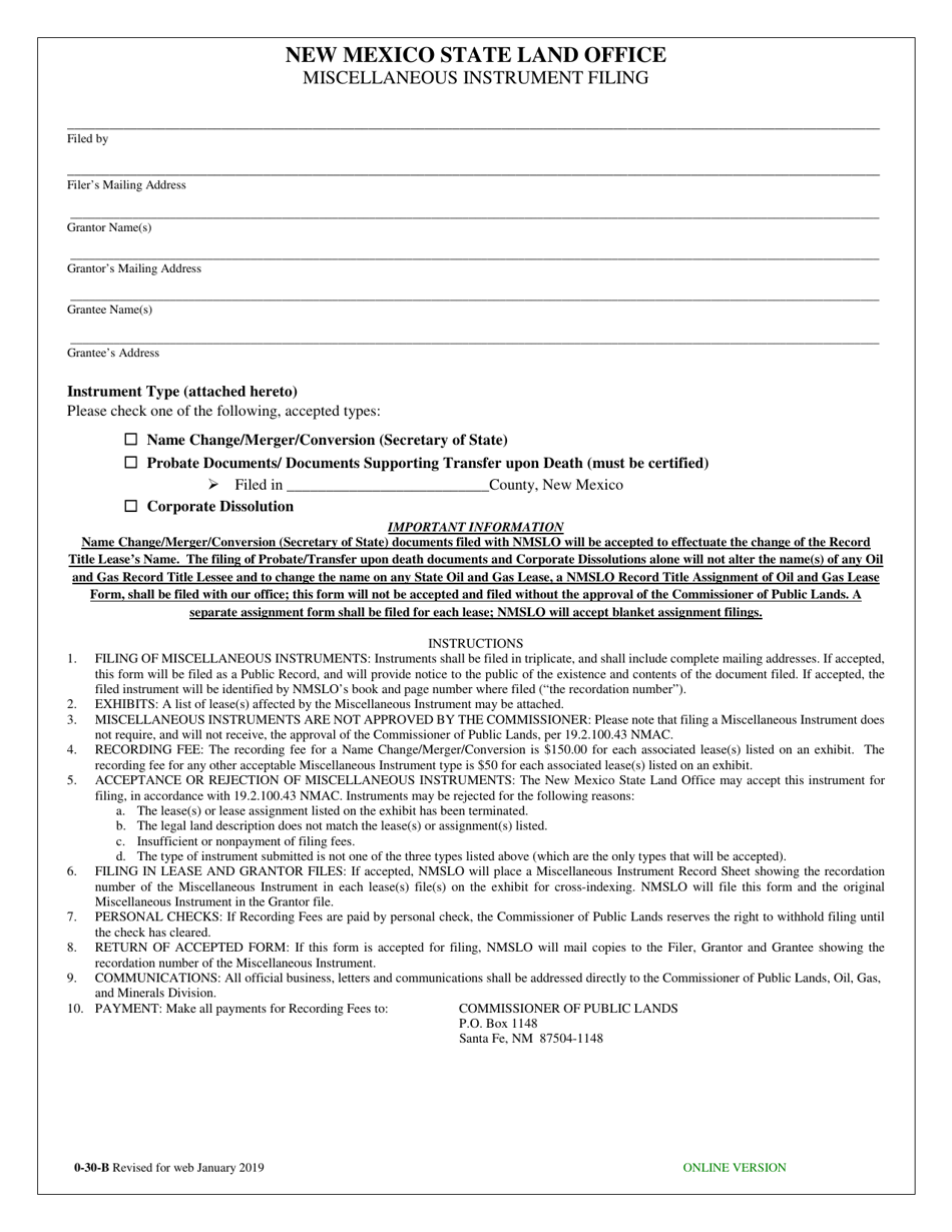 Form 0-30-B Miscellaneous Instrument Filing - New Mexico, Page 1
