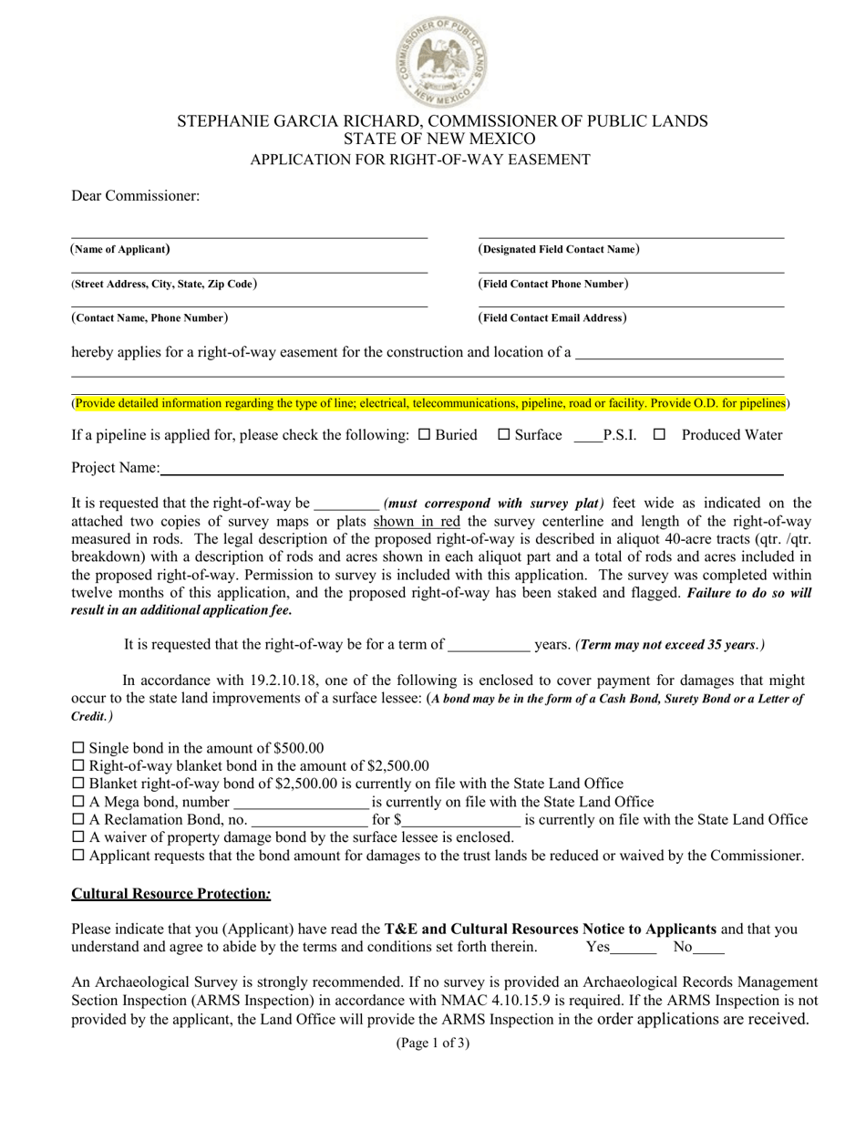 Right-Of-Way Easement Application - New Mexico, Page 1