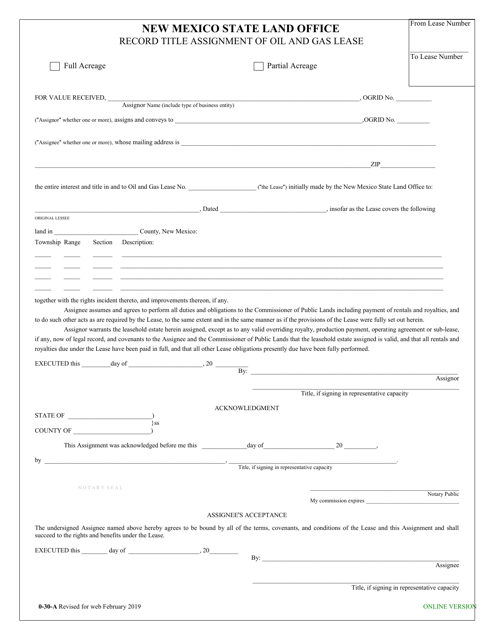 Form 0-30-A Record Title of Assignment of Oil and Gas Lease - New Mexico